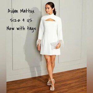 Aidan Mattox Ivory Mini Cocktail Dress with Feather Trim Cuffs - Women's Size 4